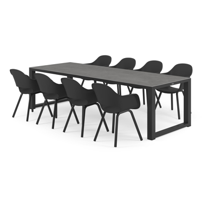 Ensemble de jardin Livo en aluminium noir avec plateau de table en céramique pleine gris et 8 chaises de jardin Artena