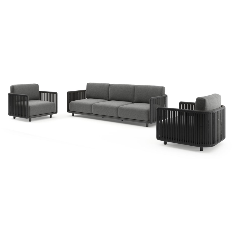 Salon de jardin Organo en aluminium noir et corde luxe plate tissée verticalement noir et coussin en all weather Cosytica catania black