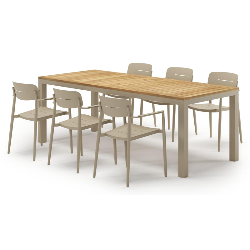 Ensemble de jardin Varese en aluminium beige et teck avec 6 chaises de jardin Cosa