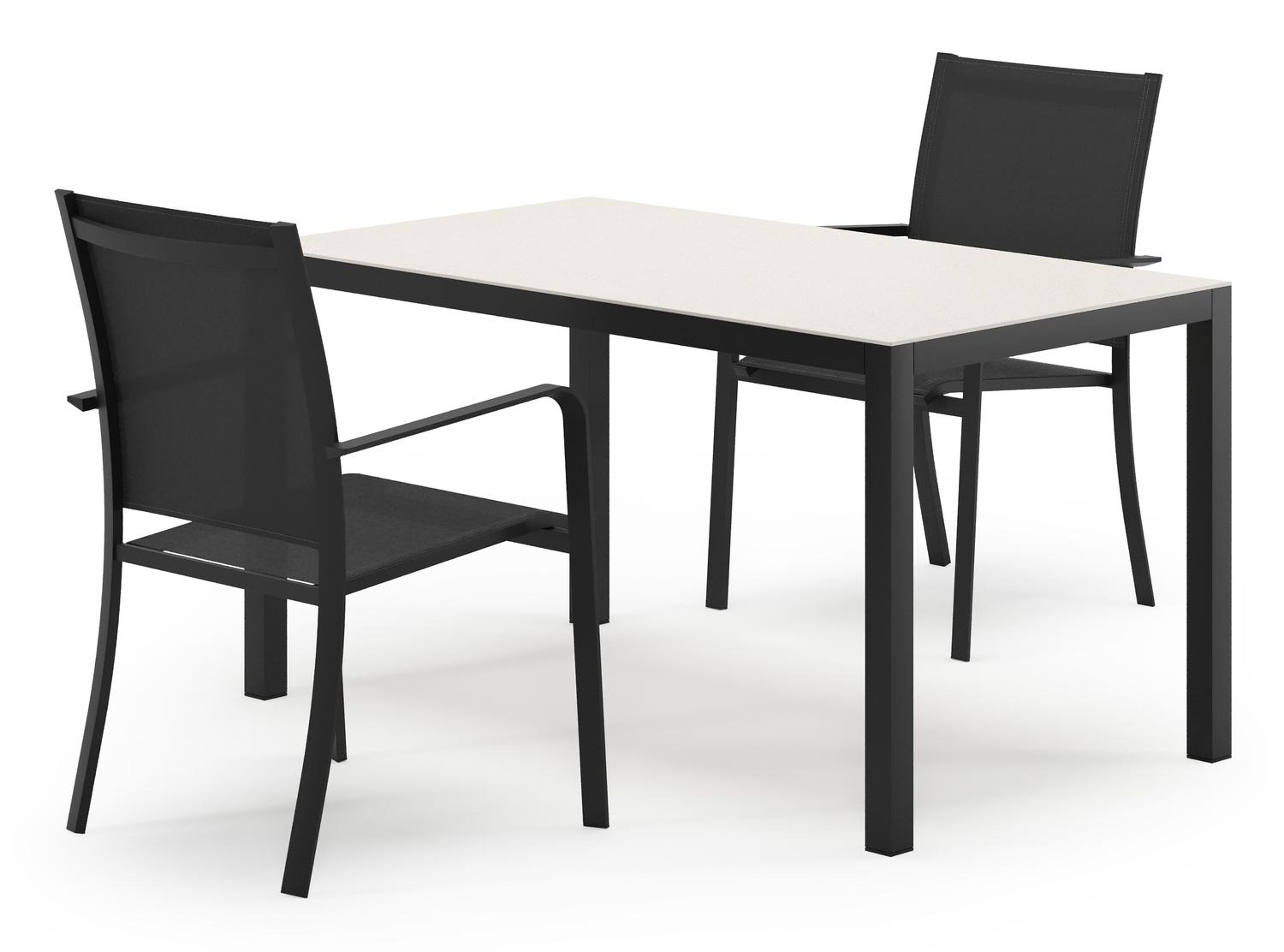 Feltro tuinset in zwart aluminium en sintered stone Crema minerale met 2 Calobra tuinstoelen