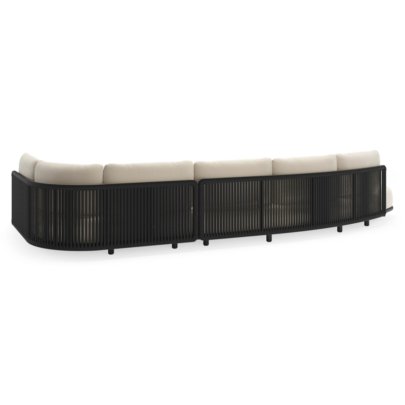 Salon de jardin d'angle Lomano en aluminium noir et corde luxe plate tissée verticalement noir et coussins en all weather cosytica althea off white