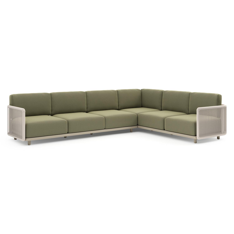 Organo loungehoek in beige aluminium en beige verticaal geweven luxe vlakke rope met heritage leaf all weather Sunbrella® luxe kussen