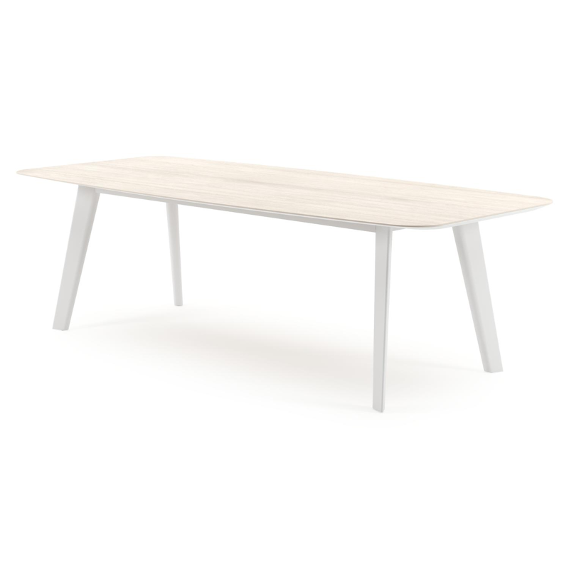 Table de jardin Lacrima forme de bateau en aluminium blanc et céramique pleine Travertino Bianco - Lg. 255 x Lrg. 115 x Haut. 73 cm