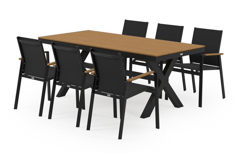 Bahia tuinset in zwart aluminium en polywood tafelblad met 6 stapelbare Bahia tuinstoelen
