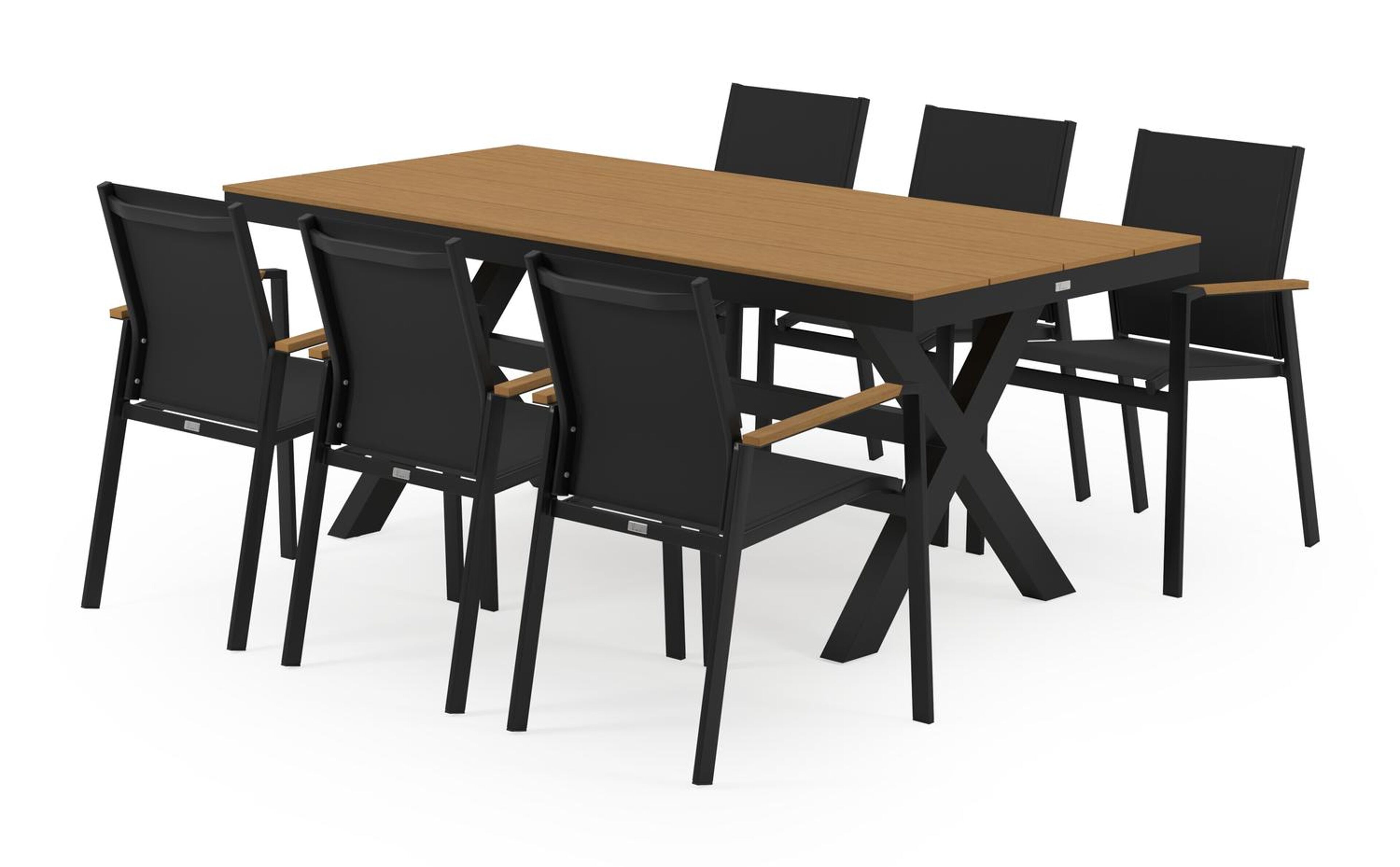 Bahia tuinset in zwart aluminium en polywood tafelblad met 6 stapelbare Bahia tuinstoelen