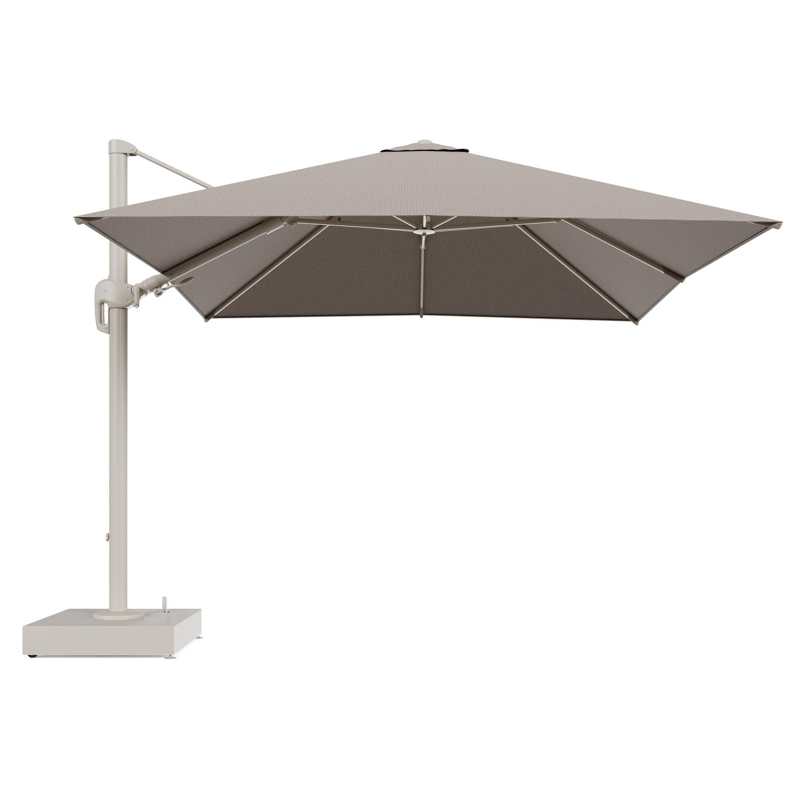 Rufina zweefparasol met tiltfunctie in beige aluminium en Firenze Earth All Weather Solica parasoldoek - L1 300 x L2 300 cm met parasolvoet Minore 150 kg met wielen