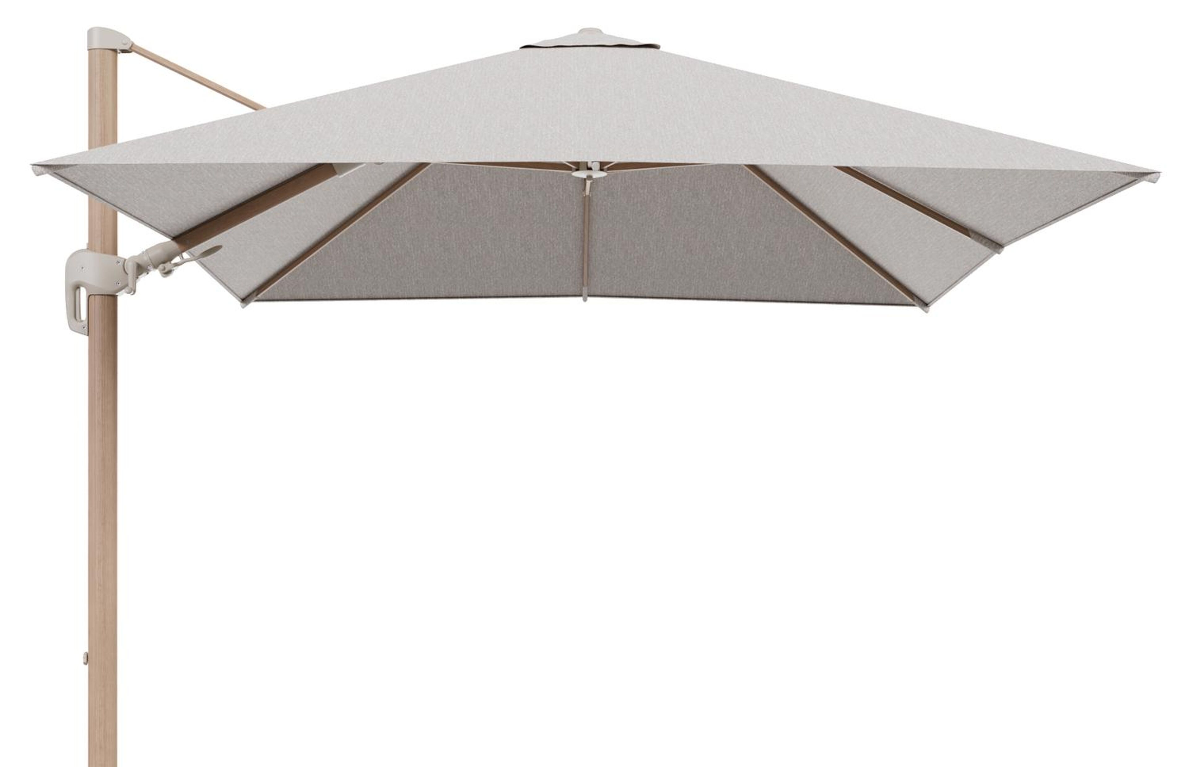 Rufina zweefparasol tiltfunctie in houtlook aluminium en parasoldoek in All Weather Sunbrella® Luxe Tundra Sand  - L1 300 x L2 300 cm (zonder voet) (zonder voet)