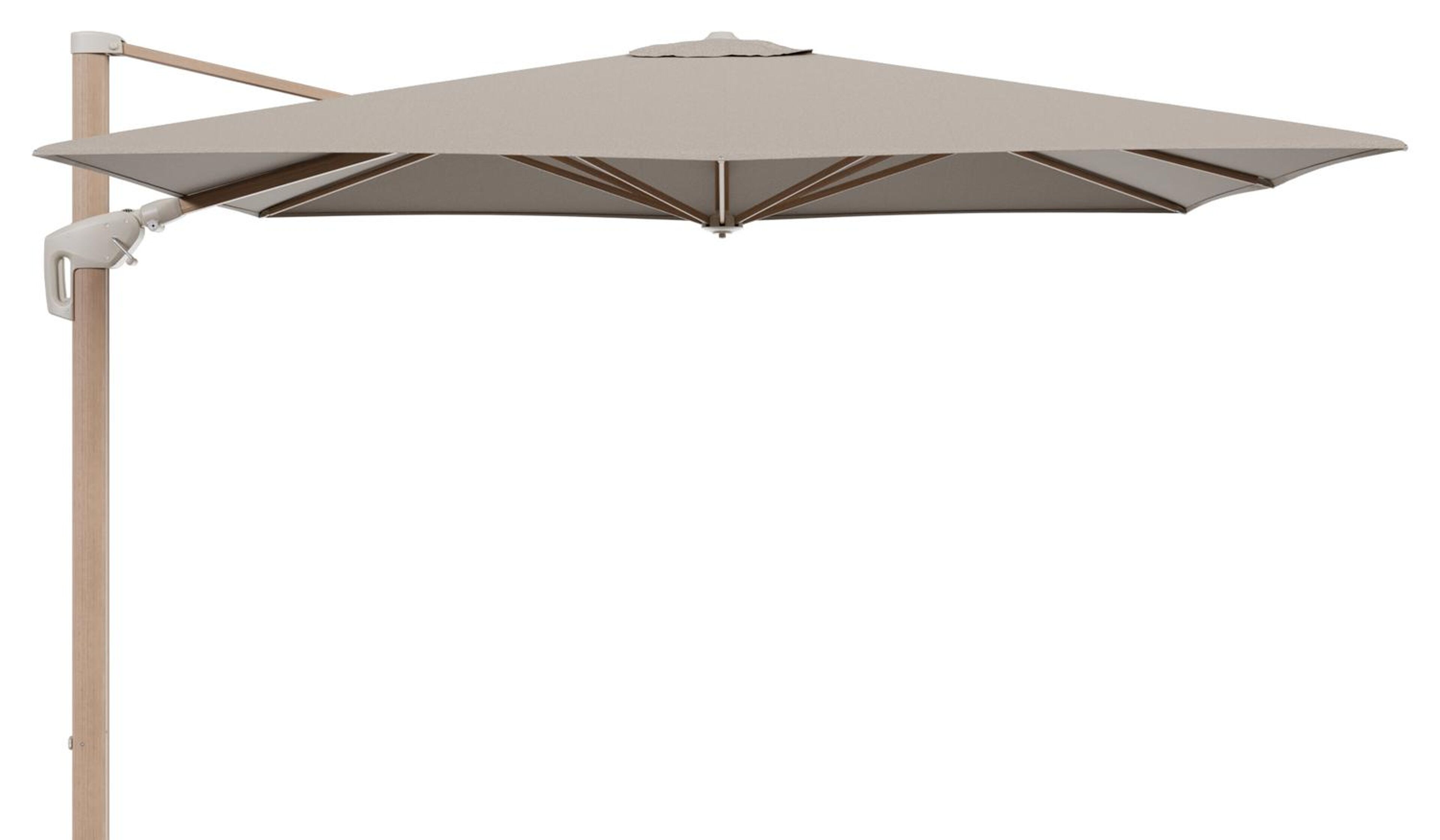 Minore zweefparasol met tiltfunctie in houtlook aluminium en Savane Coconut All Weather Sunbrella® Luxe parasoldoek - L1: 280 x L2: 370 cm (zonder voet) (zonder voet)