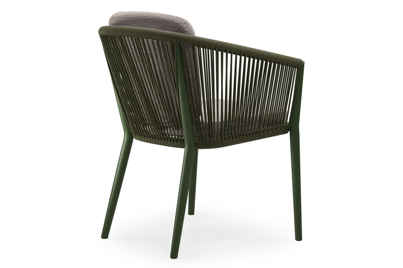 Orso tuinstoel in groen aluminium en groen verticaal geweven ronde rope met zitkussen in All Weather Sunbrella® Luxe Wander Granite