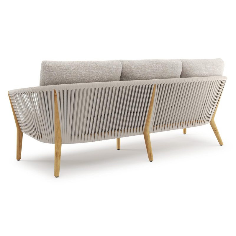 Orso loungebank in teak en beige verticaal geweven luxe vlakke rope met Tundra Sand all weather sunbrella® luxe kussen