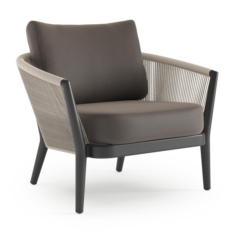 Orso loungestoel in zwart aluminium en beige verticaal geweven ronde rope met Natte Nature Grey all weather sunbrella® luxe kussen