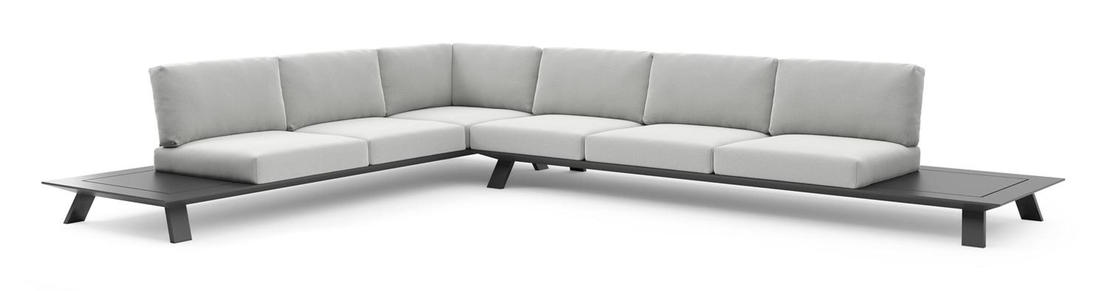 Salon de jardin d'angle Cesano en aluminium noir et coussin en all weather Sunbrella® luxe natte grey chine