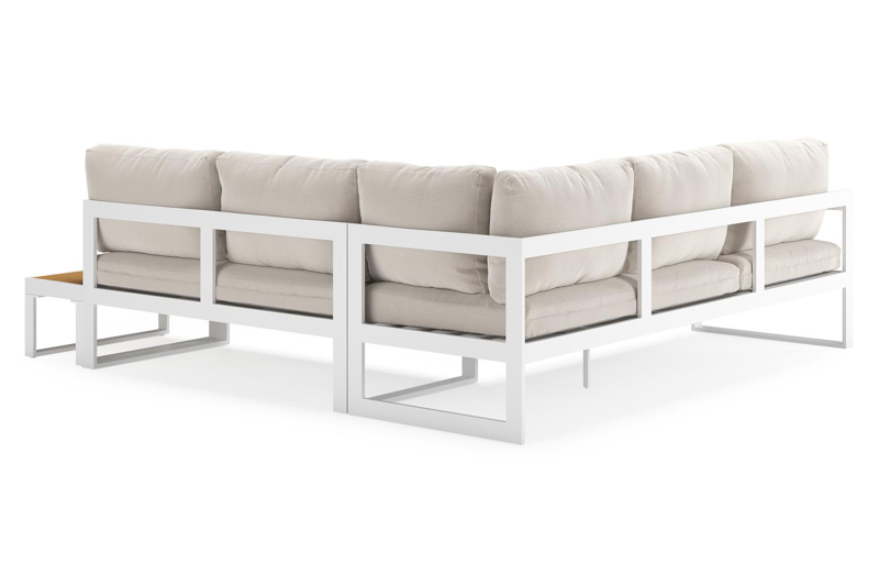 Caldela loungehoek in wit aluminium en polywood met beige Weather+ Softtouch kussen en loungetafel