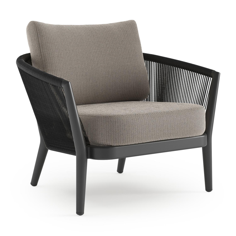Orso loungestoel in zwart aluminium en zwart verticaal geweven ronde rope met Lopi Pepper all weather sunbrella® luxe kussen