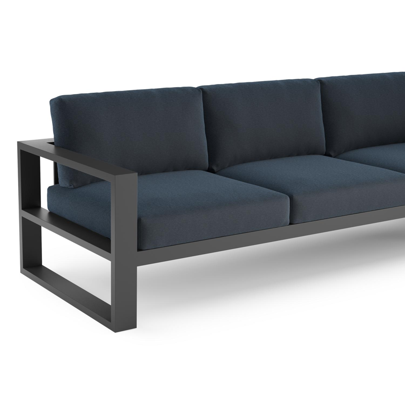 Verato loungehoek in zwart aluminium met heritage indigo all weather sunbrella® luxe kussen