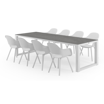 Livo tuinset in wit aluminium en grijs volkeramiek tafelblad met 8 Artena tuinstoelen
