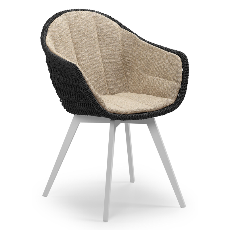 Pagino tuinstoel in wit aluminium en zwart ronde wicker met zitkussen in All Weather Cosytica Madagascar Oak