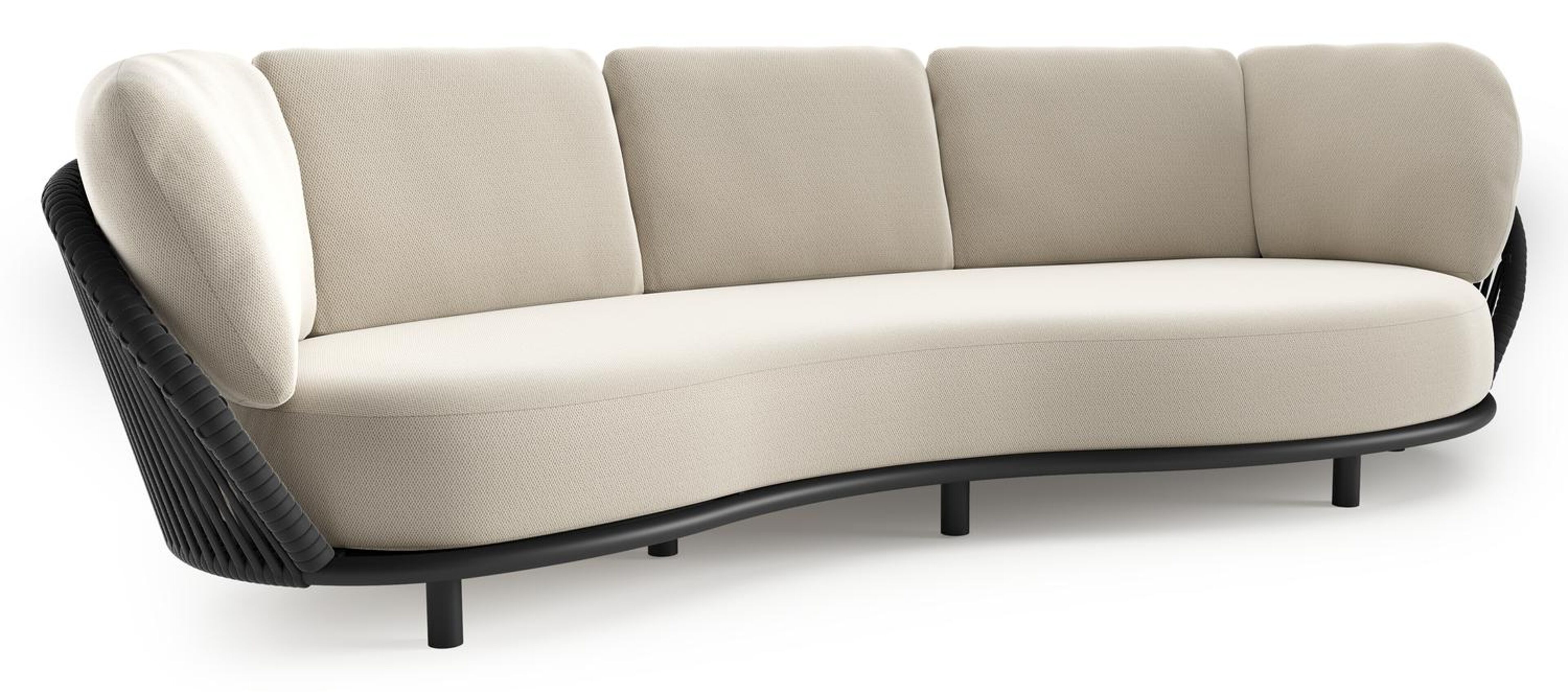 Lupino loungebank in zwart aluminium en zwart verticaal geweven luxe vlakke brede rope met lopi marble all weather sunbrella® luxe kussen