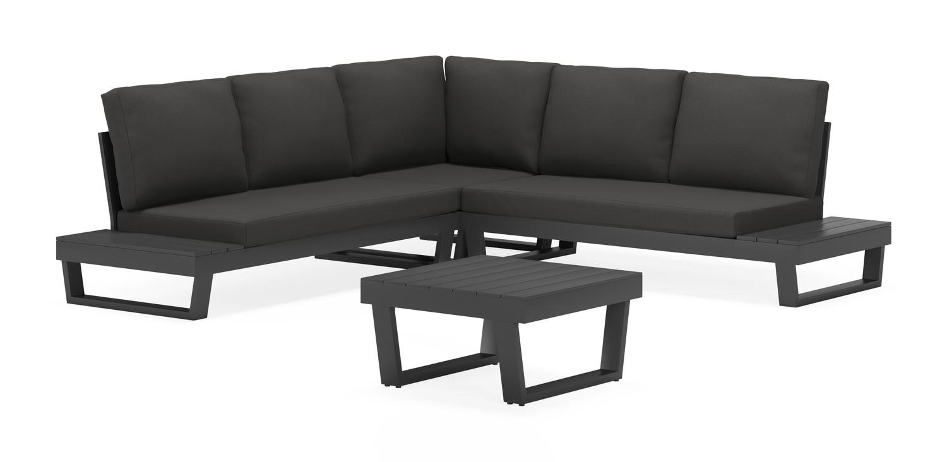 Modica loungehoek in zwart aluminium met natte sooty all weather sunbrella® premium kussens en loungetafel