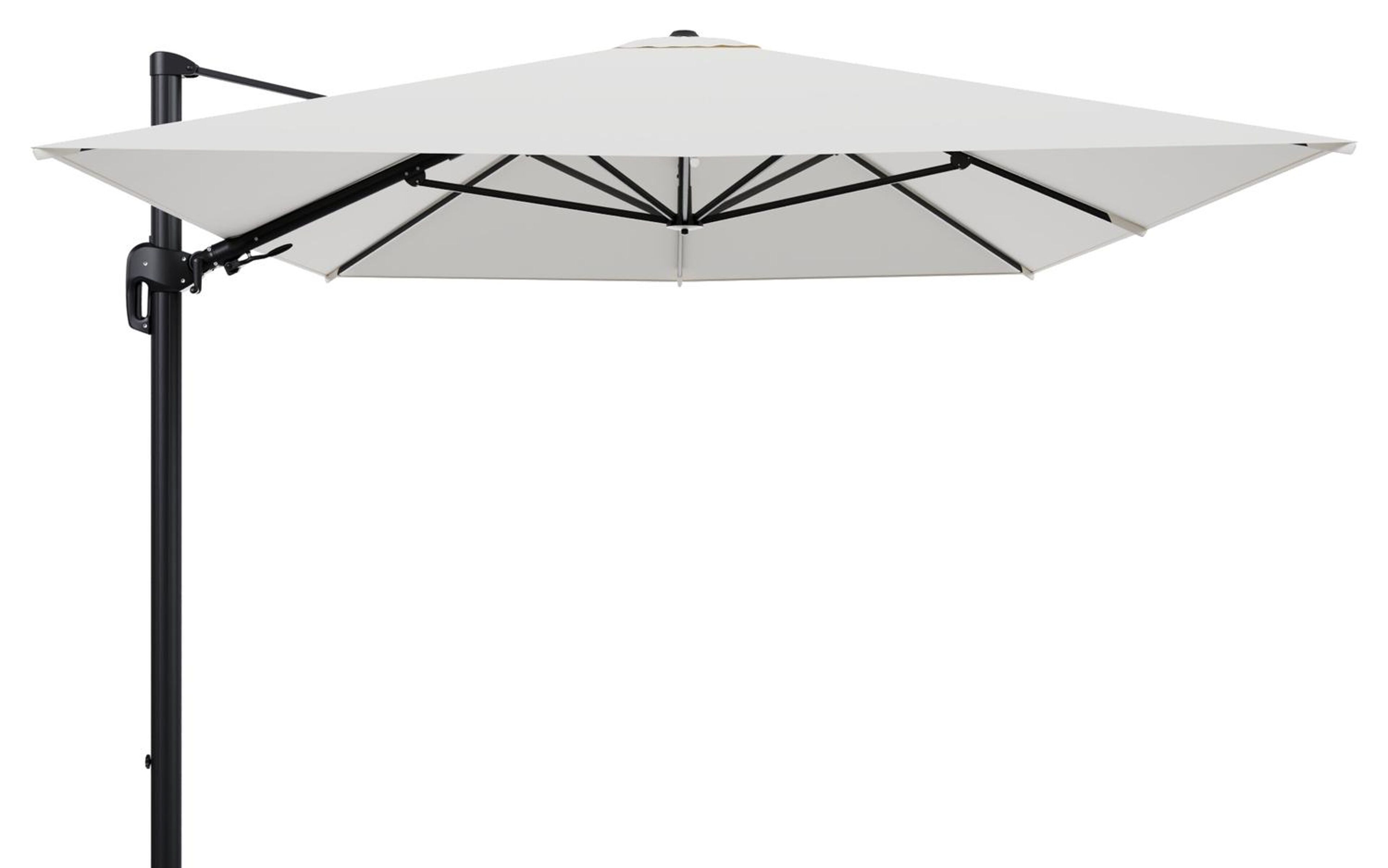 Parasol pendant Rufina avec fonction tilt en aluminium noir et toile de parasol en All Weather Sunbrella® Luxe Natte White  - Lg.1 400 x Lg.2 300 cm (sans pied de parasol