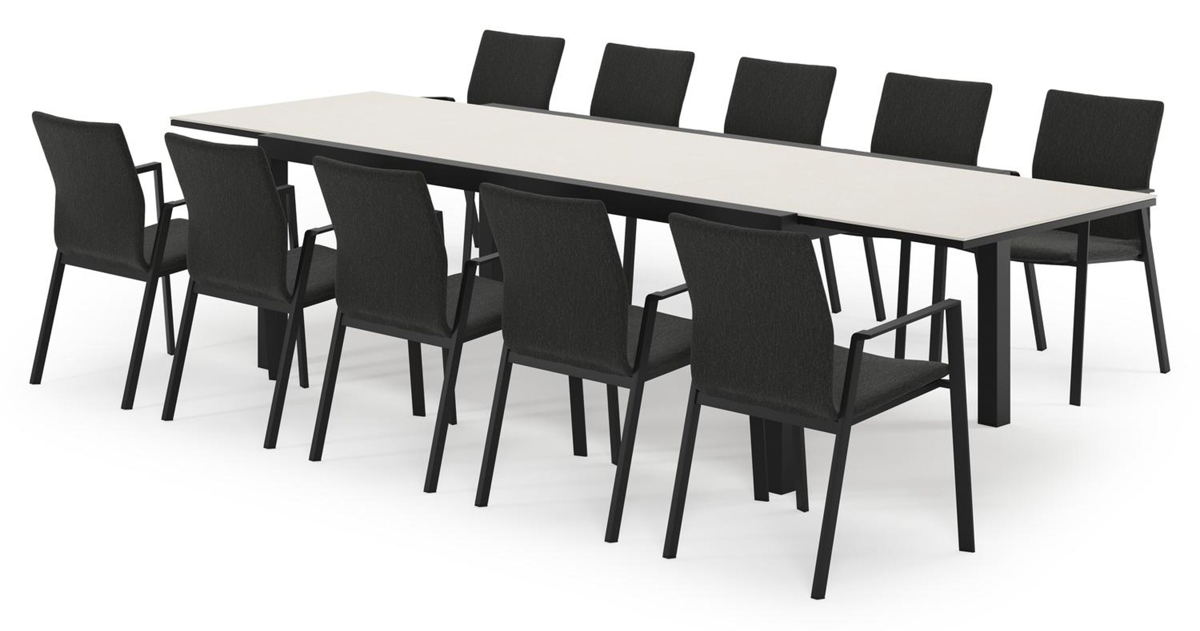 Calobra rechthoekige uitschuifbare tuinset in zwart aluminium en sintered stone crema minerale met 10 Madura tuinstoelen
