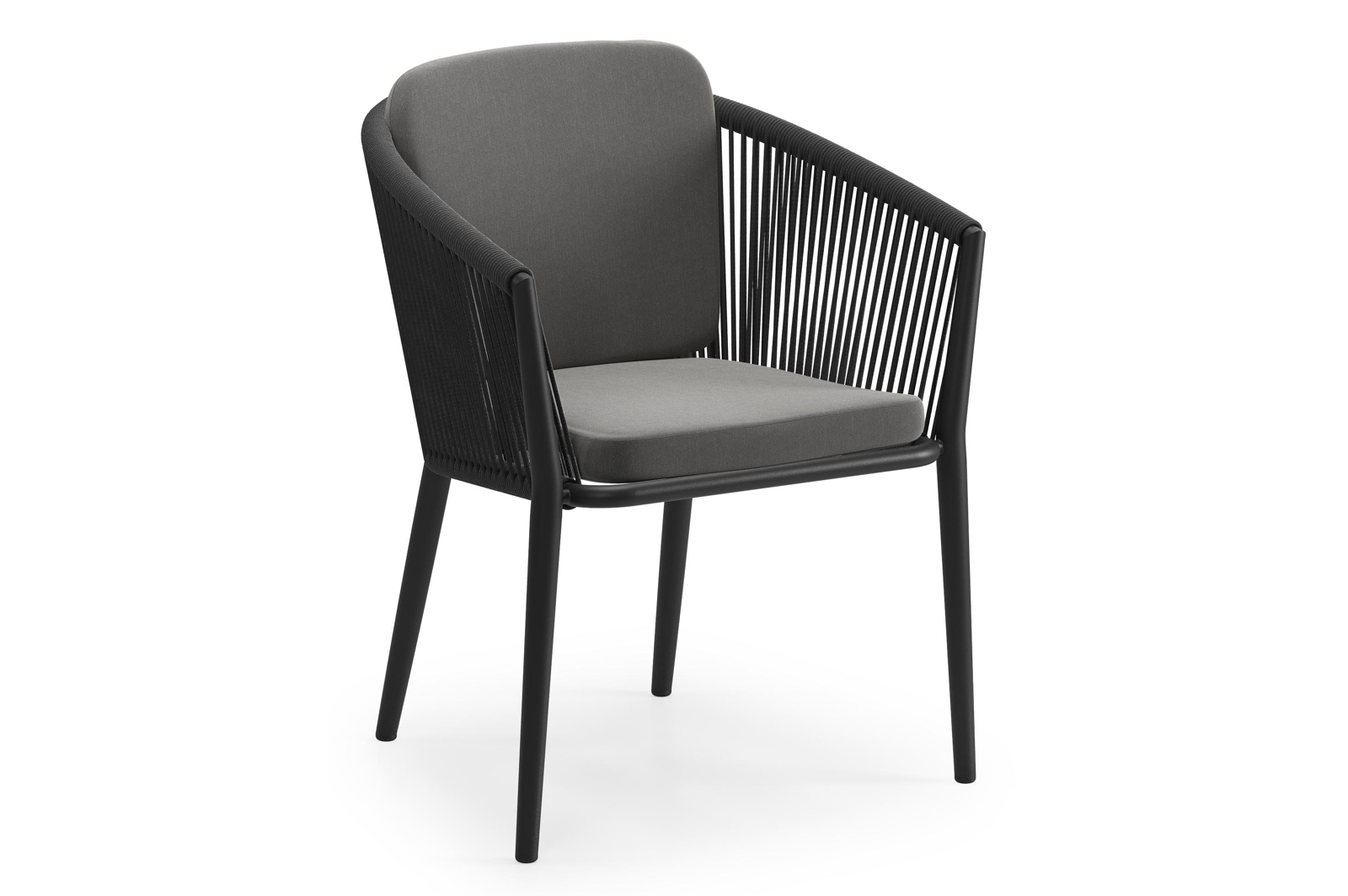 Orso tuinstoel in zwart aluminium en zwart verticaal geweven rope met kussen in natte charcoal chine all weather sunbrella® luxe