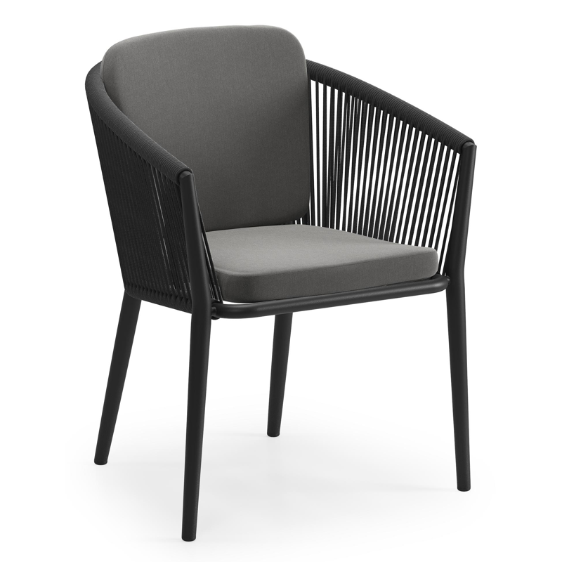 Orso tuinstoel in zwart aluminium en zwart verticaal geweven rope met kussen in natte charcoal chine all weather sunbrella® luxe