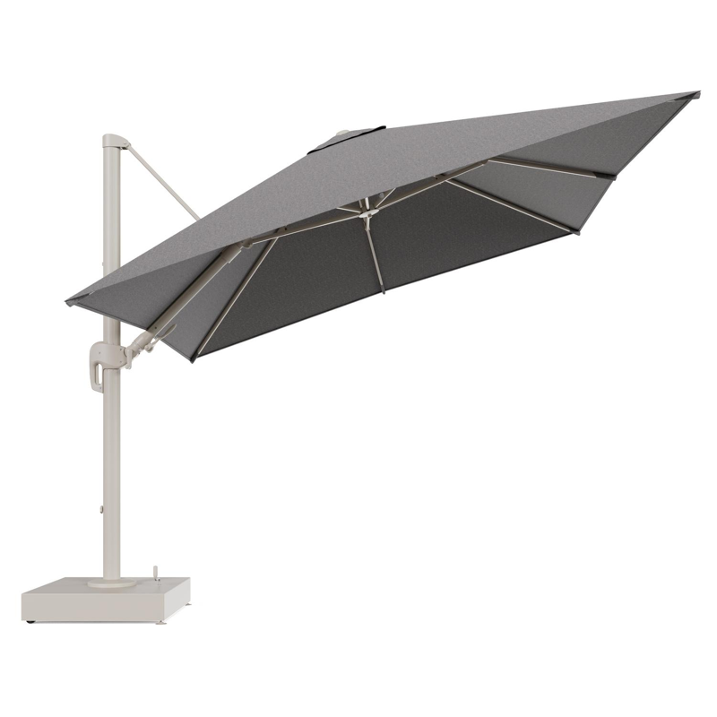 Rufina zweefparasol met tiltfunctie in beige aluminium en Chartres Drizzle All Weather Sunbrella® Luxe parasoldoek - L1 300 x L2 300 cm met parasolvoet Minore 150 kg met wielen