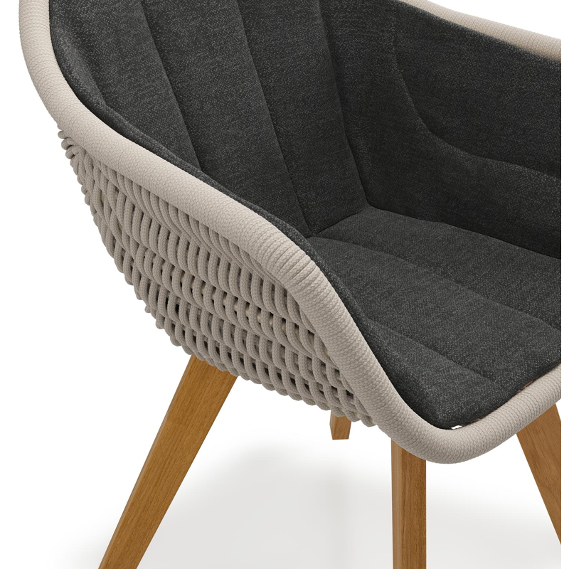 Pagino tuinstoel in teak en beige verticaal geweven ronde rope met zitkussen in All Weather Sunbrella® Luxe Chartres Sooty