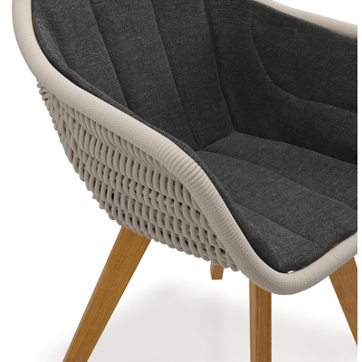 Pagino tuinstoel in teak en beige verticaal geweven ronde rope met zitkussen in All Weather Sunbrella® Luxe Chartres Sooty