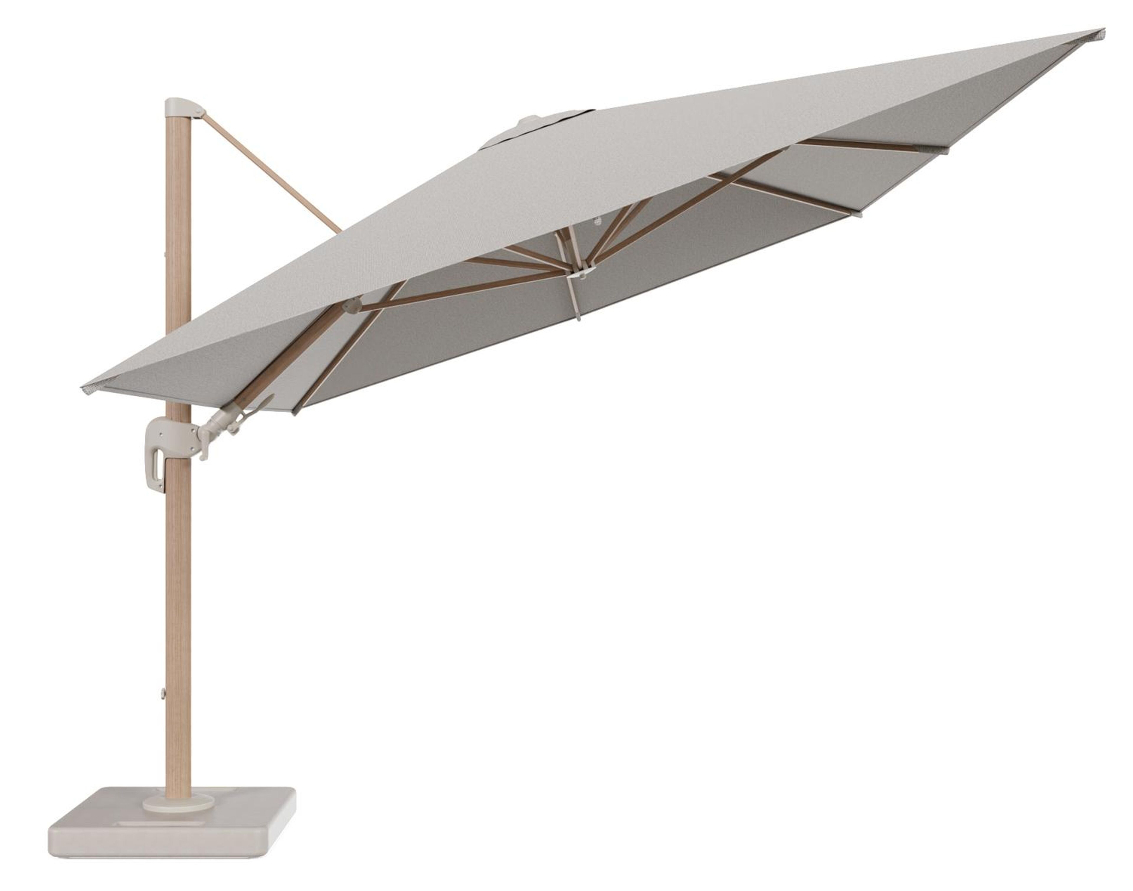 Rufina zweefparasol tiltfunctie in houtlook aluminium en parasoldoek in All Weather Solica Firenze Sand - L1 400 x L2 300 cm met parasolvoet Lapido 160 kg