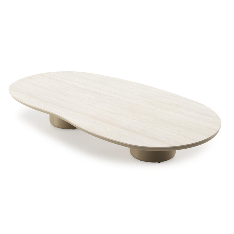 Table de basse Amico organique en aluminium beige et céramique pleine Travertino Bianco - Lg. 170 x Lrg. 91 x Haut. 25 cm