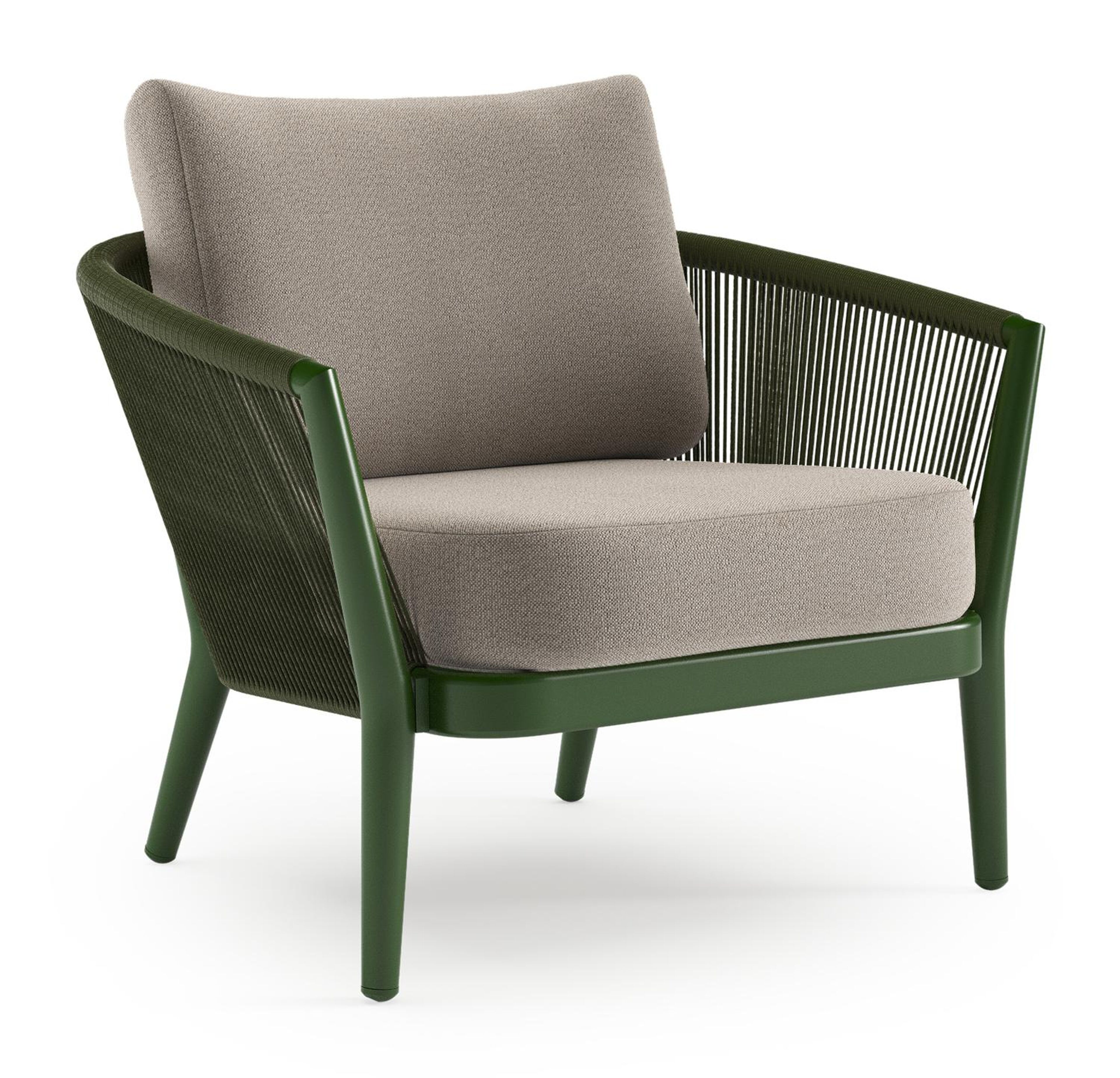 Orso loungestoel in groen aluminium en groen verticaal geweven ronde rope met Savane Coconut all weather sunbrella® luxe kussen