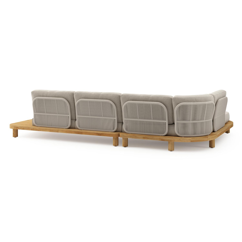 Salon de jardin d'angle Donato en teck et corde ronde tissée verticalement beige et coussins en All Weather Cosytica Catania Sand