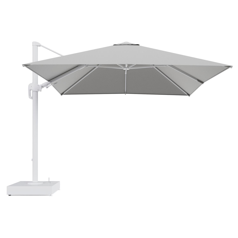 Rufina zweefparasol met tiltfunctie in wit aluminium en Savane Nimbus All Weather Sunbrella® Luxe parasoldoek - L1 300 x L2 300 cm met parasolvoet Minore 150 kg met wielen