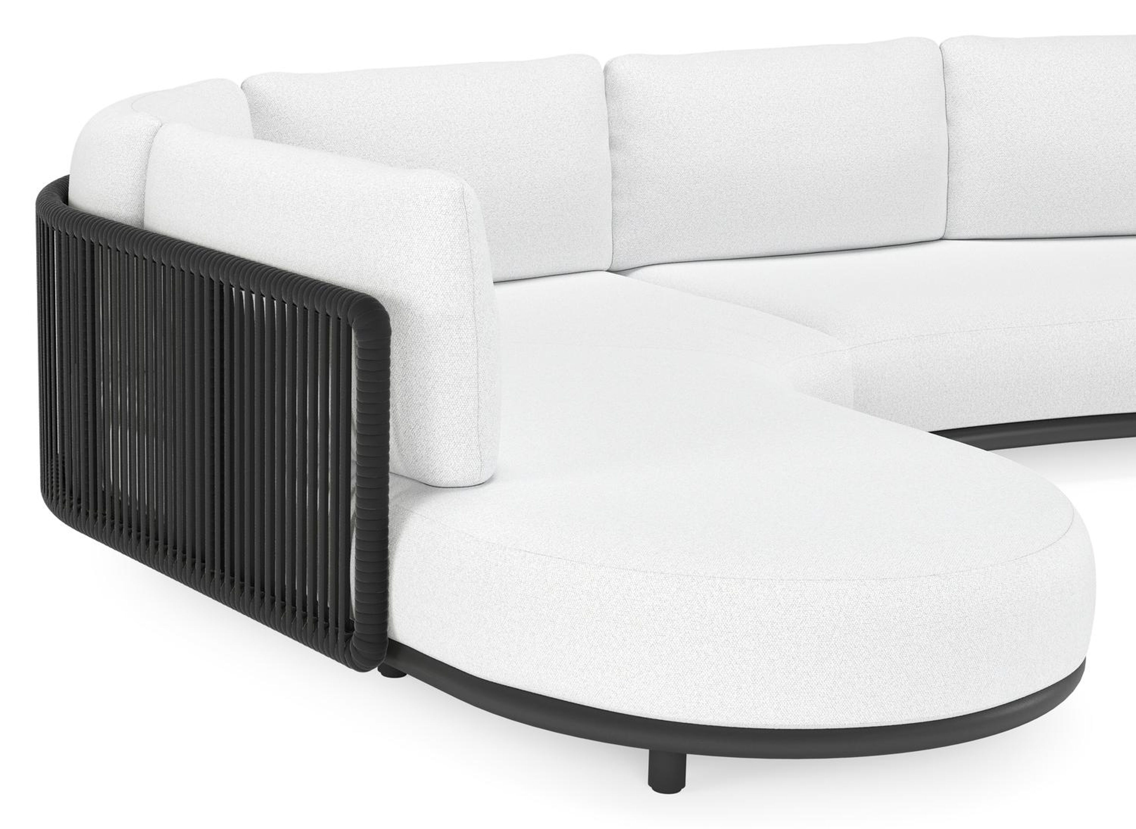 Lomano loungehoek in zwart aluminium en zwart verticaal geweven luxe vlakke rope met ego birch all weather solica kussen