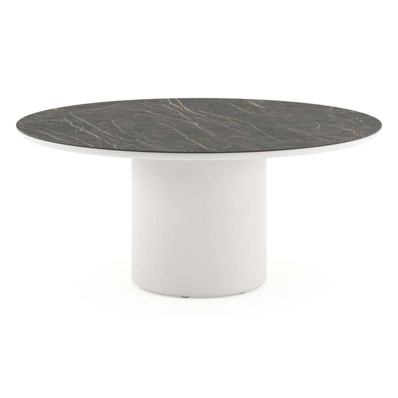 Amico low dining tuintafel rond in wit aluminium en volkeramiek Black Obsession - Dia. 148 x H 61 cm