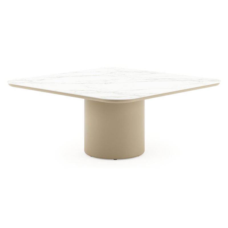 Amico low dining tuintafel afgerond vierkant in beige aluminium en volkeramiek Calacatta - L 148 x B 148 x H 61 cm