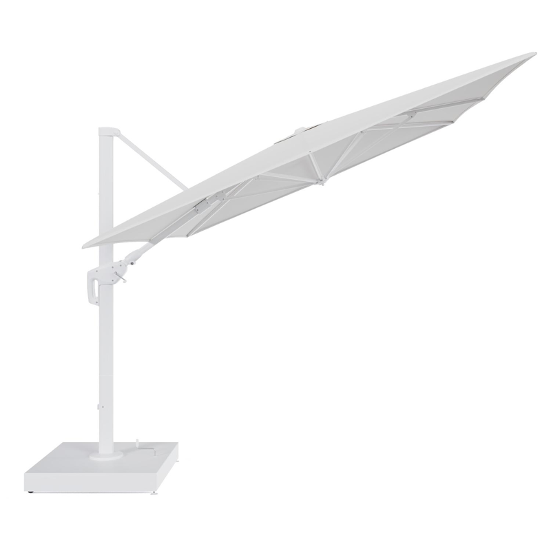 Minore zweefparasol met tiltfunctie in wit aluminium en Soul Optik All Weather Solica parasoldoek - L1 400 x L2 300 cm met parasolvoet Minore 260 kg met wielen