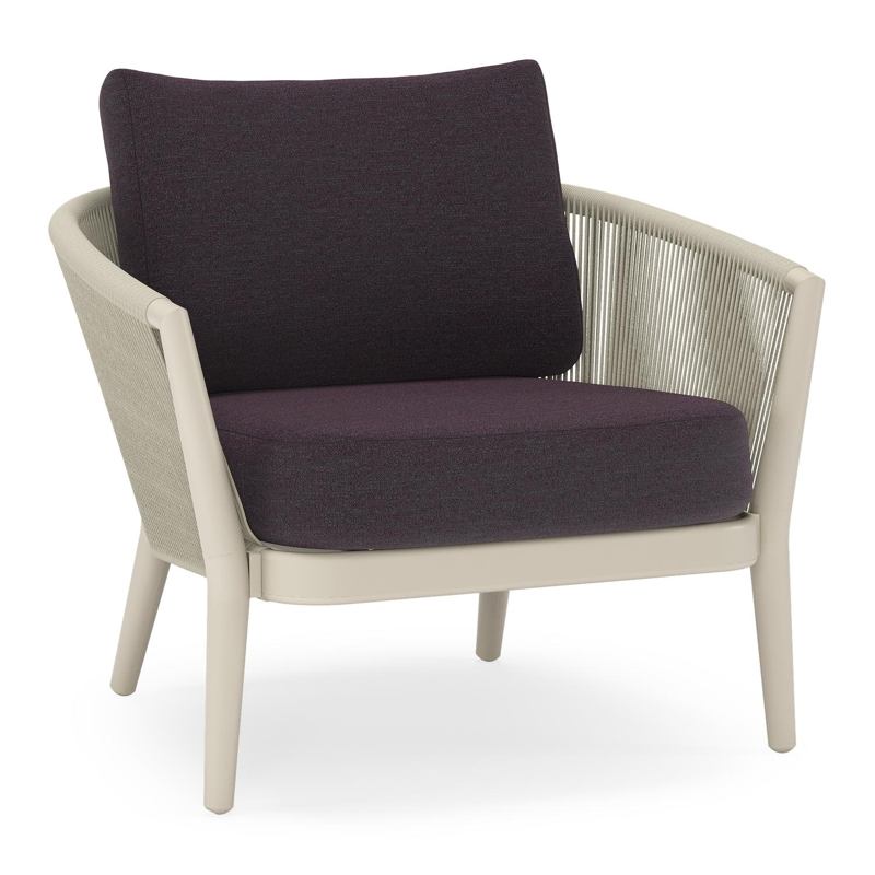 Fauteuil de jardin Orso en aluminium beige en corde ronde tissée verticalement beige et coussins en all weather sunbrella® luxe Tundra Red