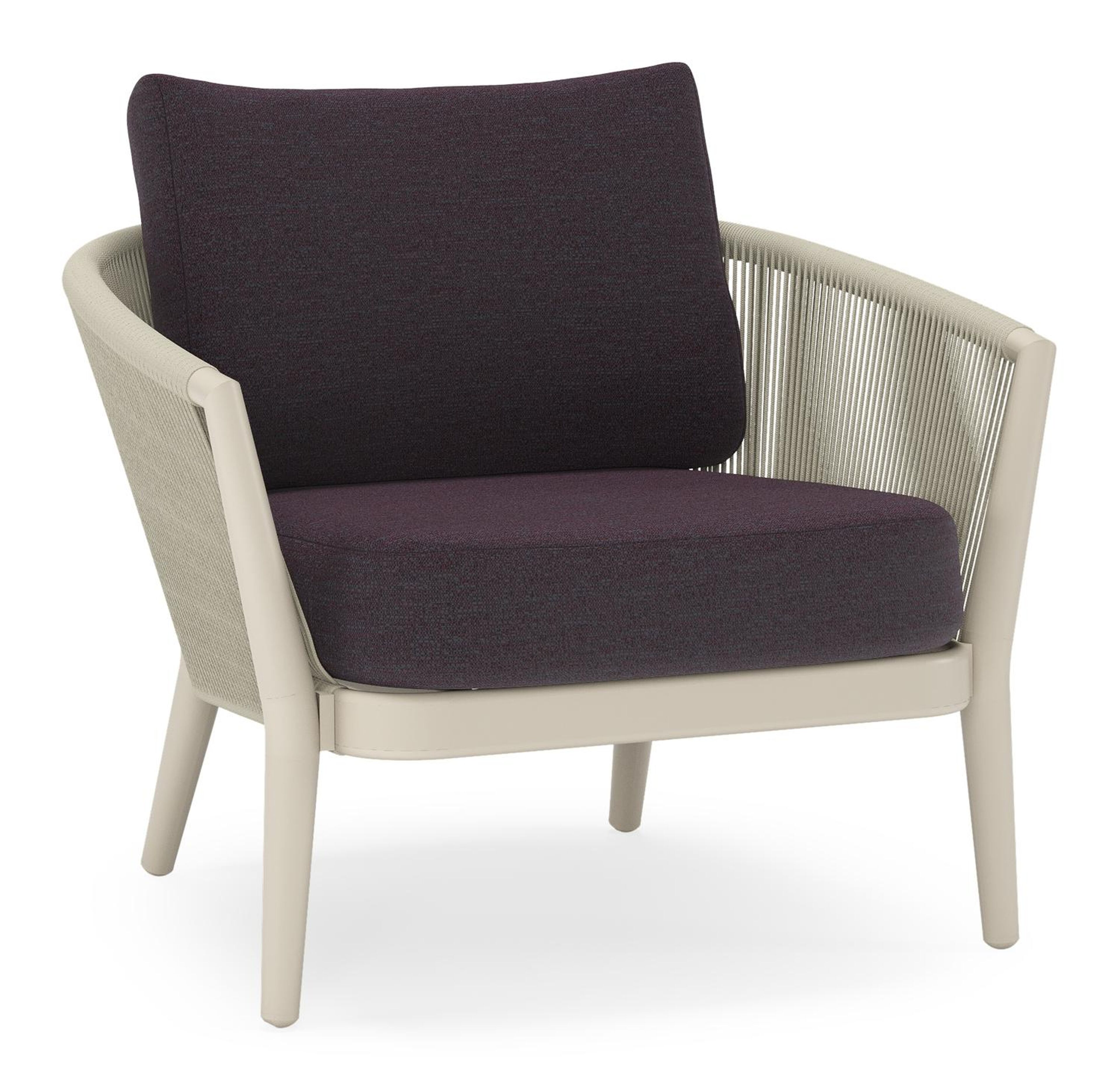 Orso loungestoel in beige aluminium en beige verticaal geweven ronde rope met Tundra Red all weather sunbrella® luxe kussen