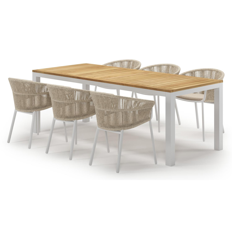 Ensemble de jardin Varese en aluminium blanc et teck avec 6 chaises de jardin Matera