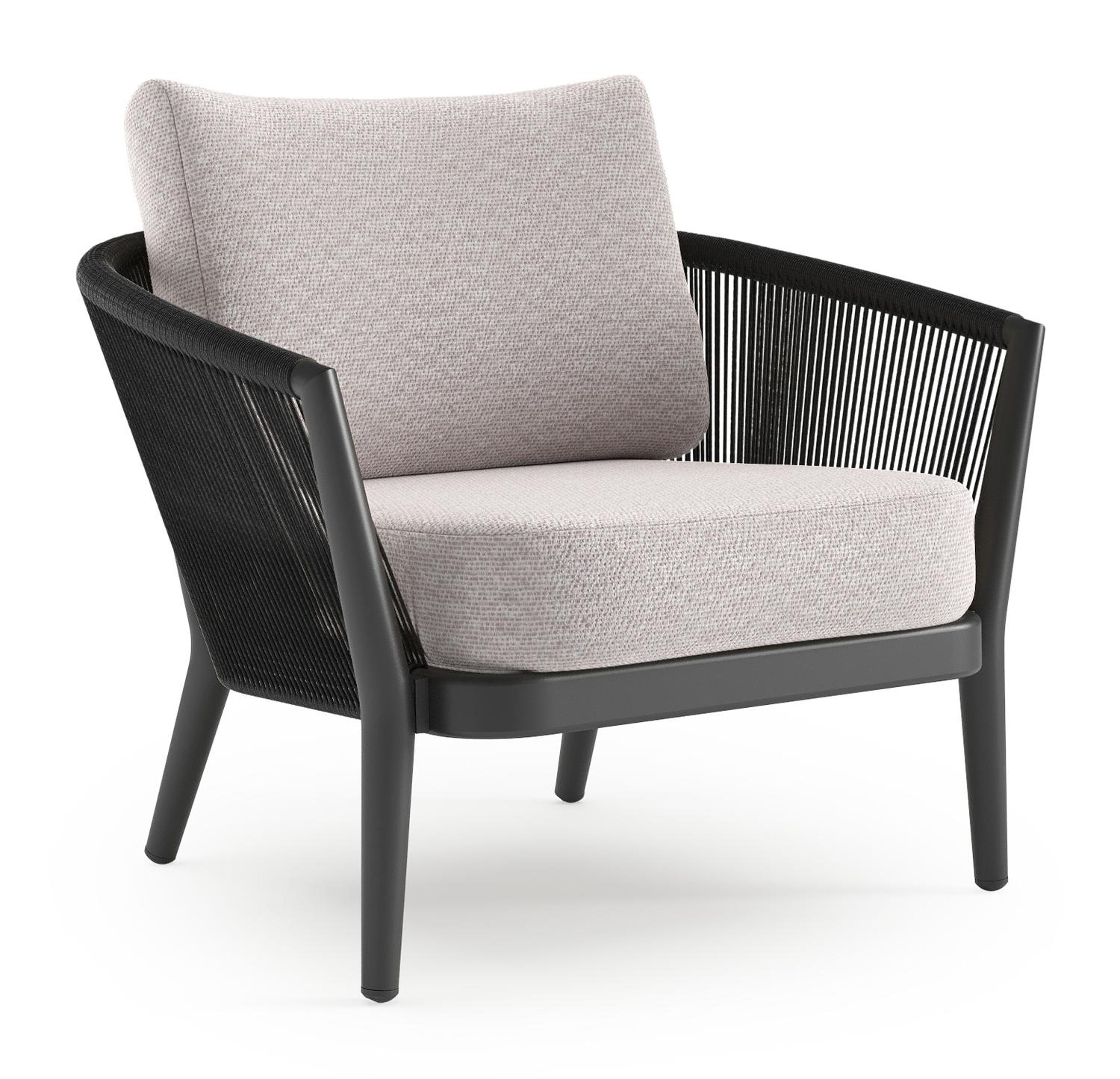 Orso loungestoel in zwart aluminium en zwart verticaal geweven ronde rope met Wander Gobi all weather sunbrella® luxe kussen