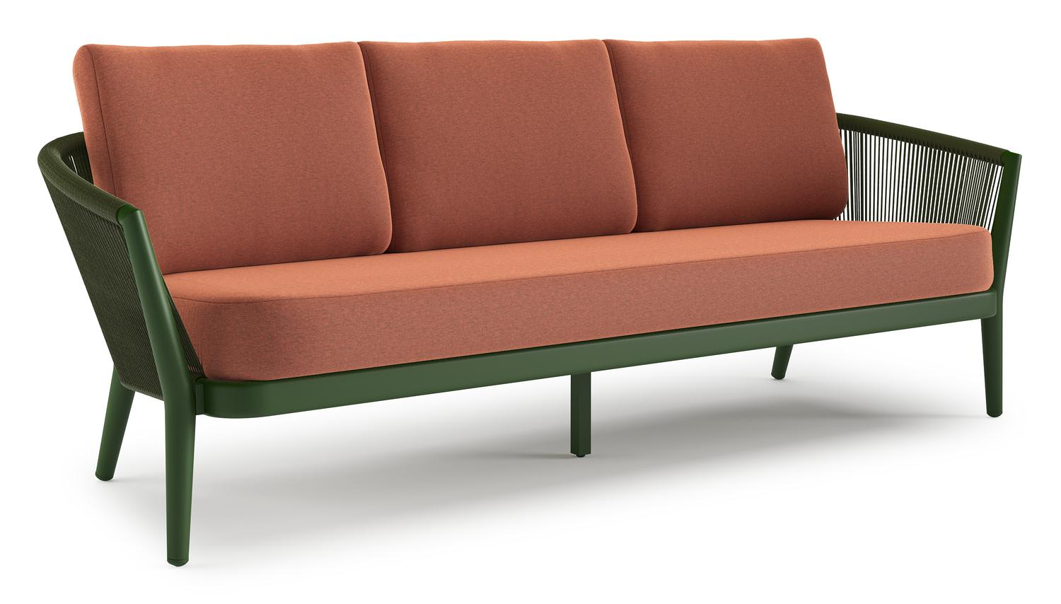 Orso loungebank in groen aluminium en groen verticaal geweven ronde rope met Heritage Rust all weather sunbrella® luxe kussen