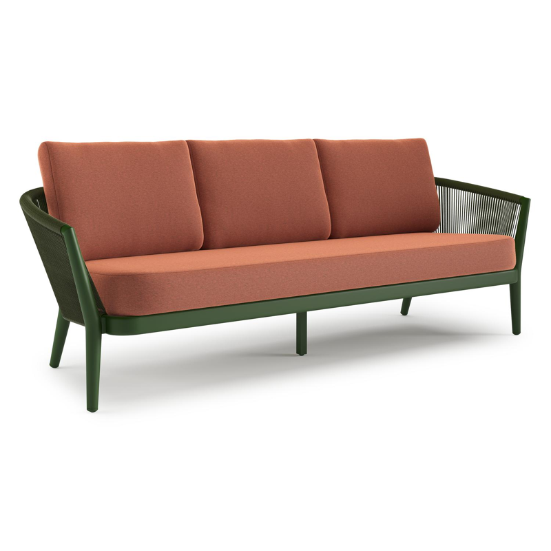 Orso loungebank in groen aluminium en groen verticaal geweven ronde rope met Heritage Rust all weather sunbrella® luxe kussen