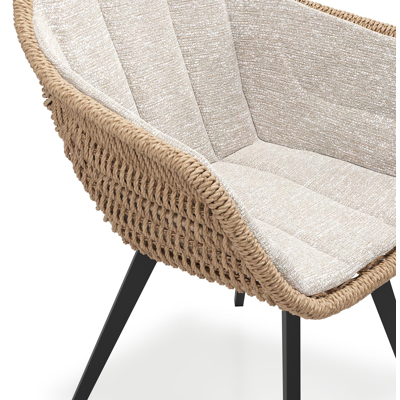 Pagino tuinstoel in zwart aluminium en naturel ronde wicker met zitkussen in All Weather Sunbrella® Luxe Tundra Sand