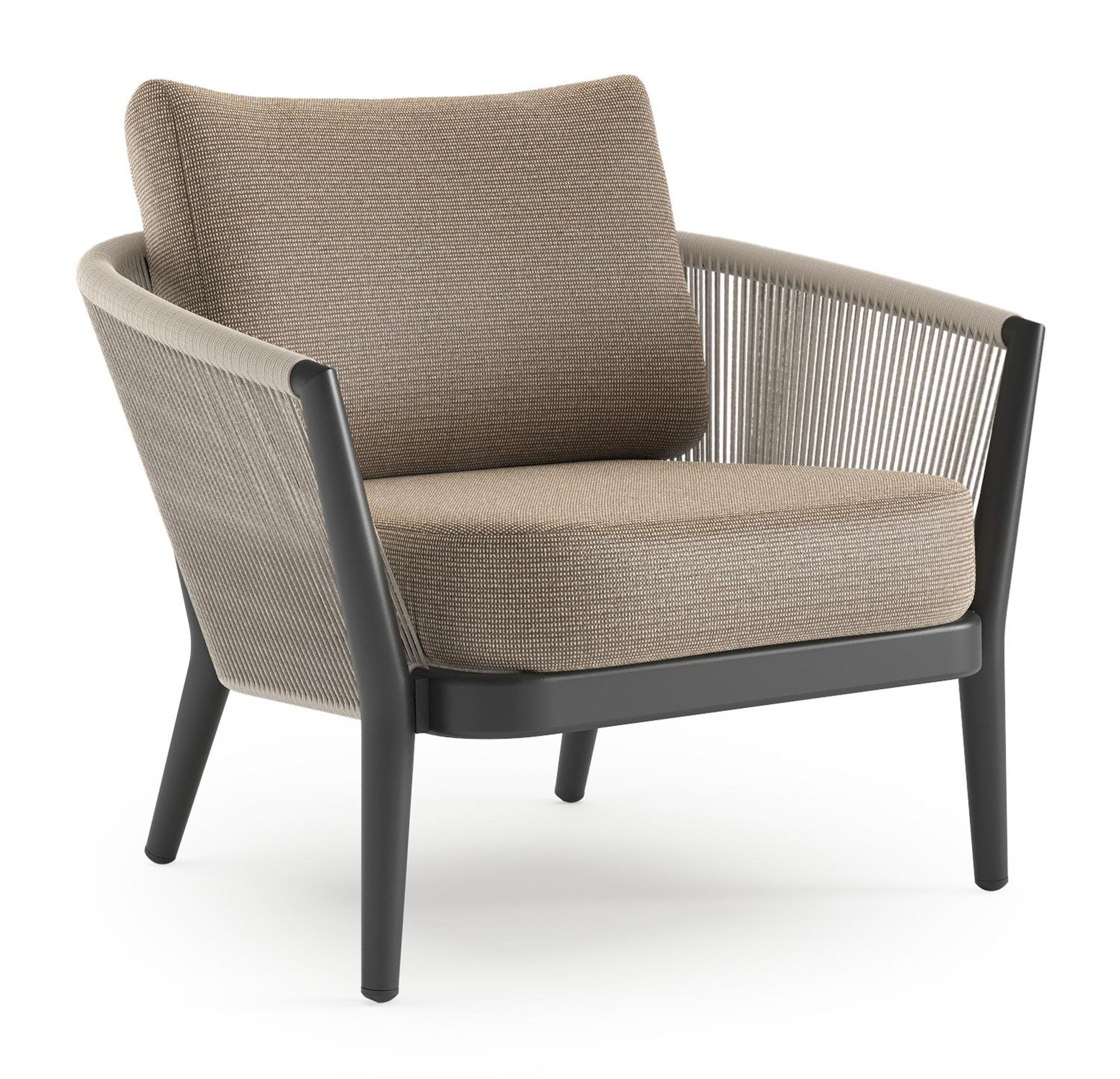 Orso loungestoel in zwart aluminium en beige verticaal geweven ronde rope met Firenze Earth all weather solica kussen