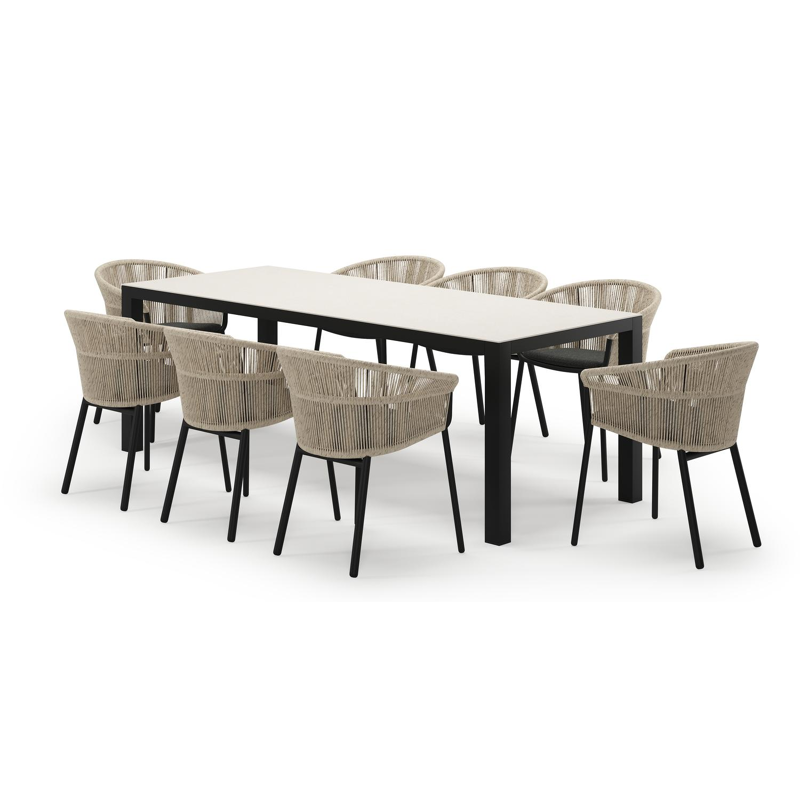 Varese rechthoekige tuinset in zwart aluminium en sintered stone crema minerale met 8 Matera tuinstoelen