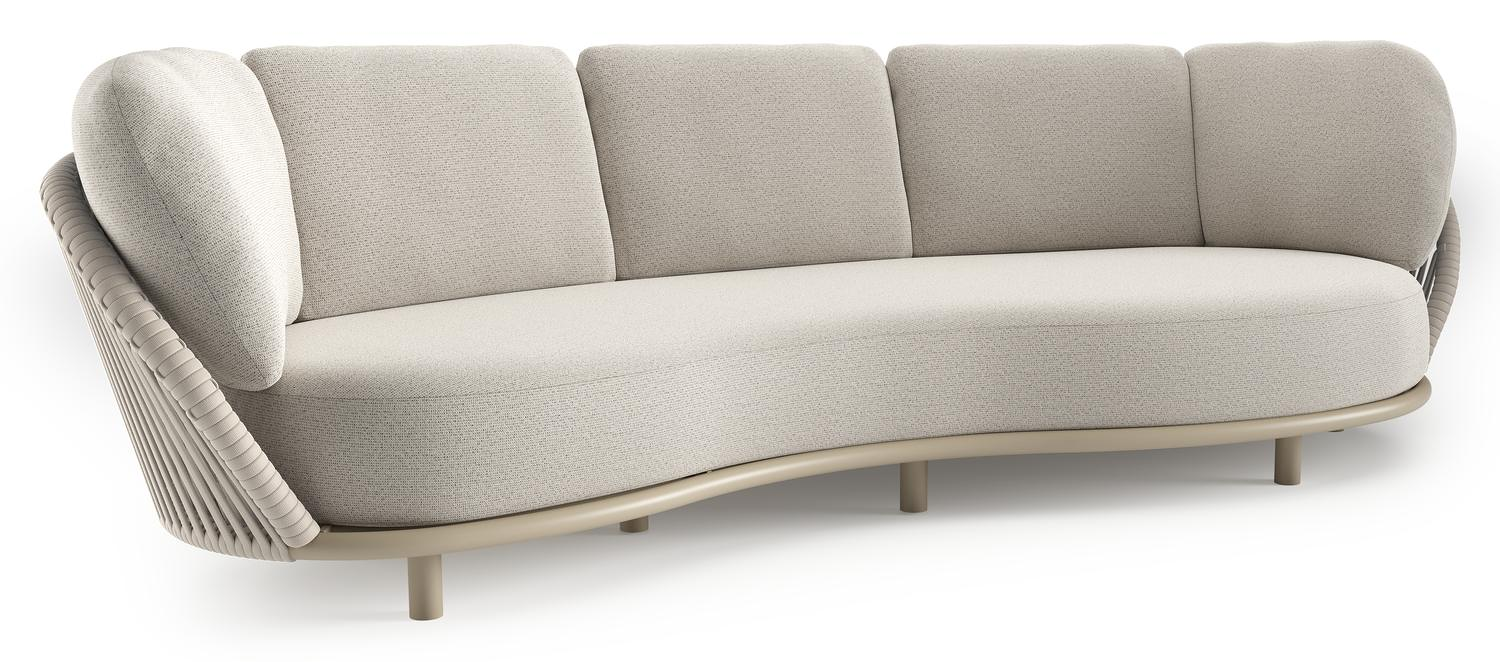 Lupino loungebank in beige aluminium en beige verticaal geweven luxe vlakke brede rope met firenze natural all weather solica kussen