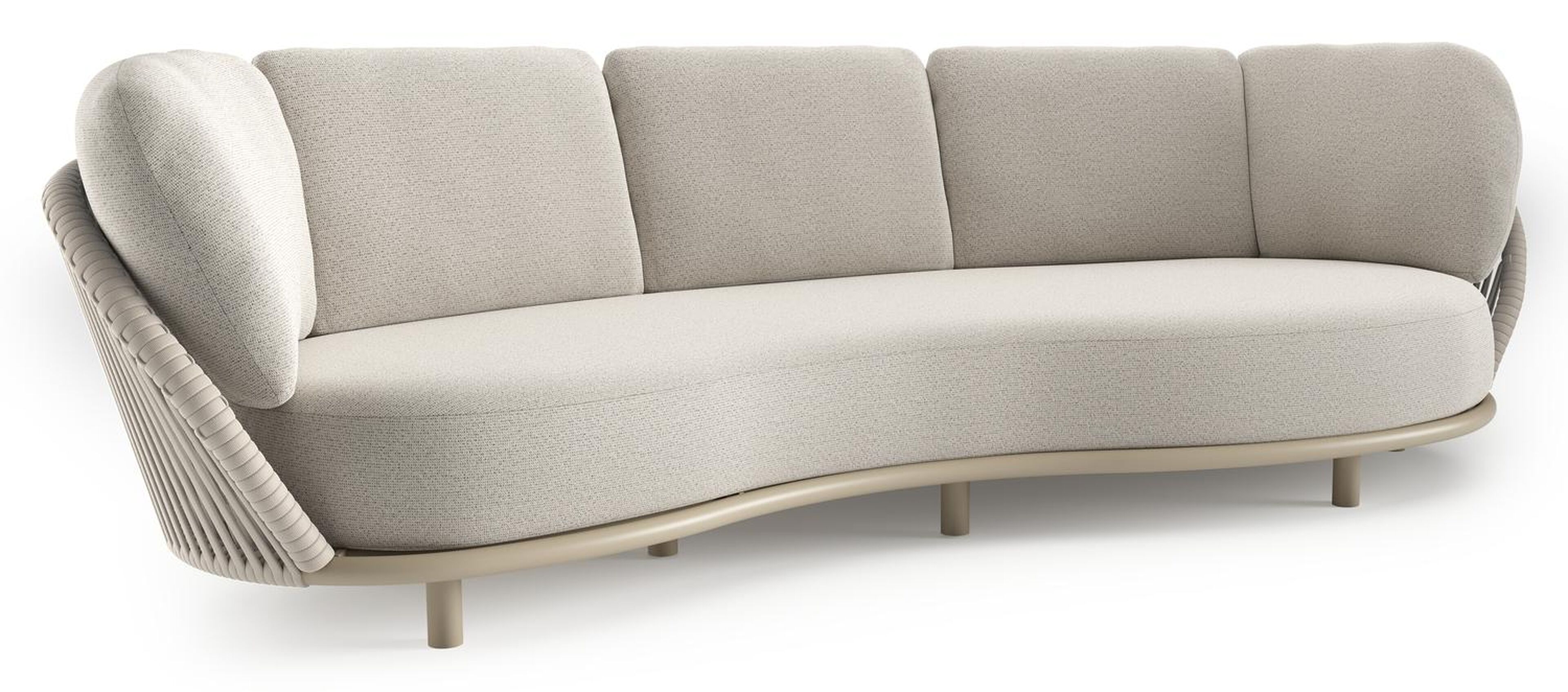 Lupino loungebank in beige aluminium en beige verticaal geweven luxe vlakke brede rope met firenze natural all weather solica kussen